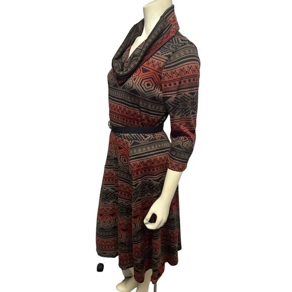 Signature by Robbie Bee Red Black Gray Belted Cowl Neck Long Sleeve Knee Dress - Picture 3 of 6